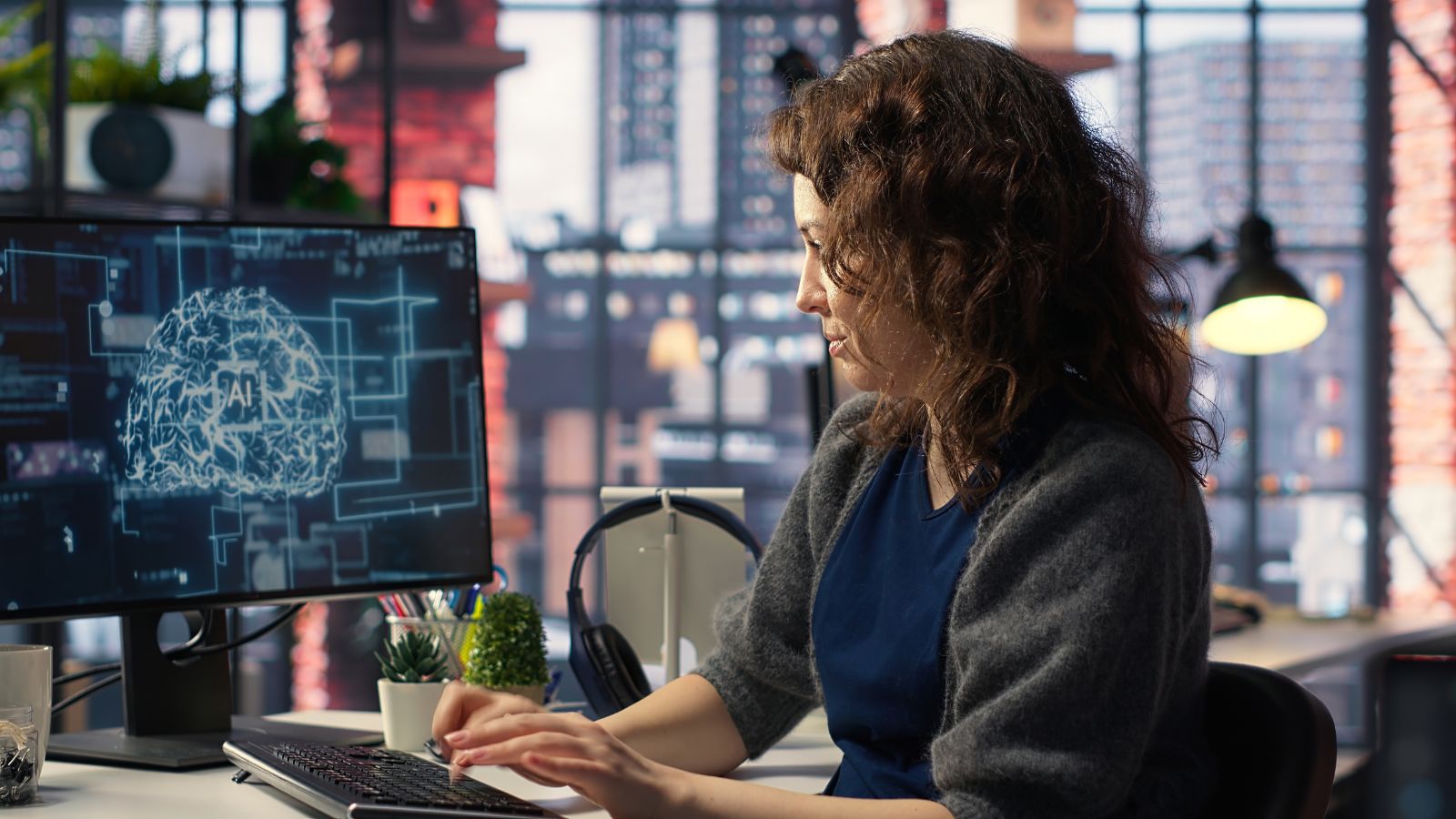 Administradora de sistemas realizando manutenção em sistema de computador com IA, representando a decisão humana e a responsabilidade por trás da tecnologia.