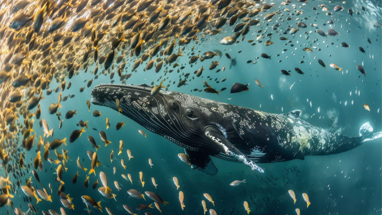 Ilustração de uma baleia ao lado de um cardume de peixes pequenos no oceano, representando grandes plataformas e pequenas empresas em rede.