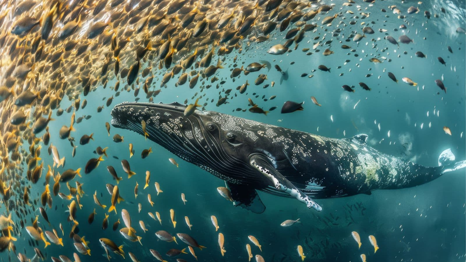 Ilustração de uma baleia ao lado de um cardume de peixes pequenos no oceano, representando grandes plataformas e pequenas empresas em rede.